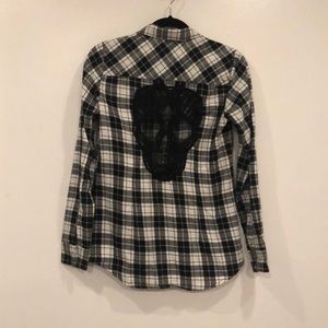 Hot Topic Lace Skull Back Black & White Flannel
